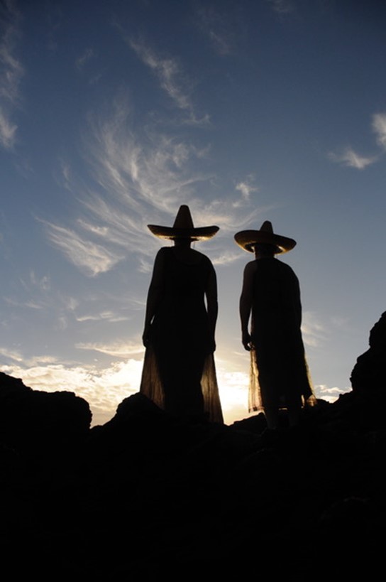 Two figures stand in a barren landscape at dawn