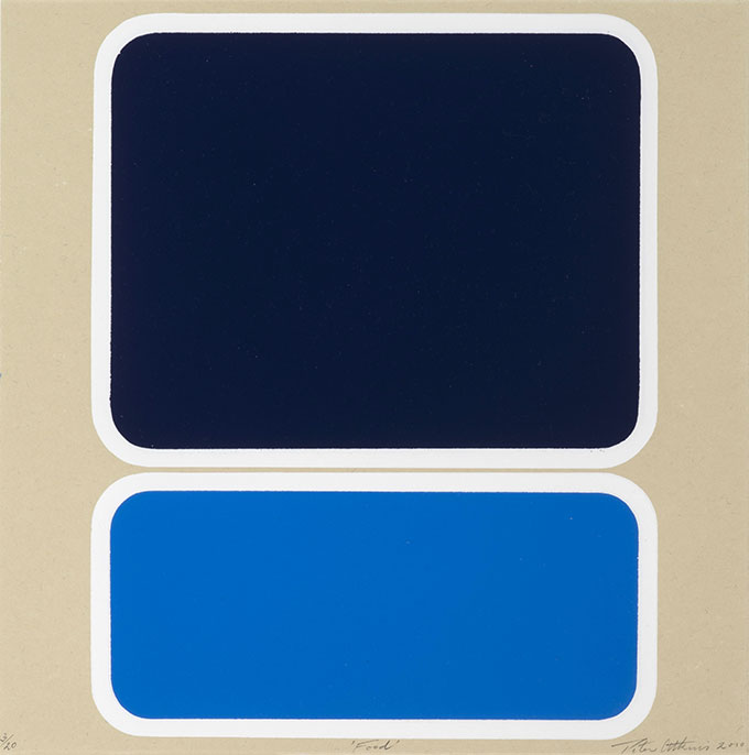 Artwork of two shapes with white trim – one large dark blue square, one light blue rectangle