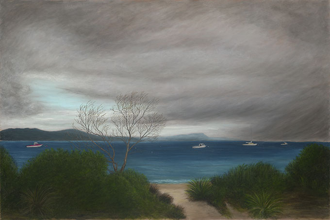 Painting of Bruny Island coastline with stormy clouds