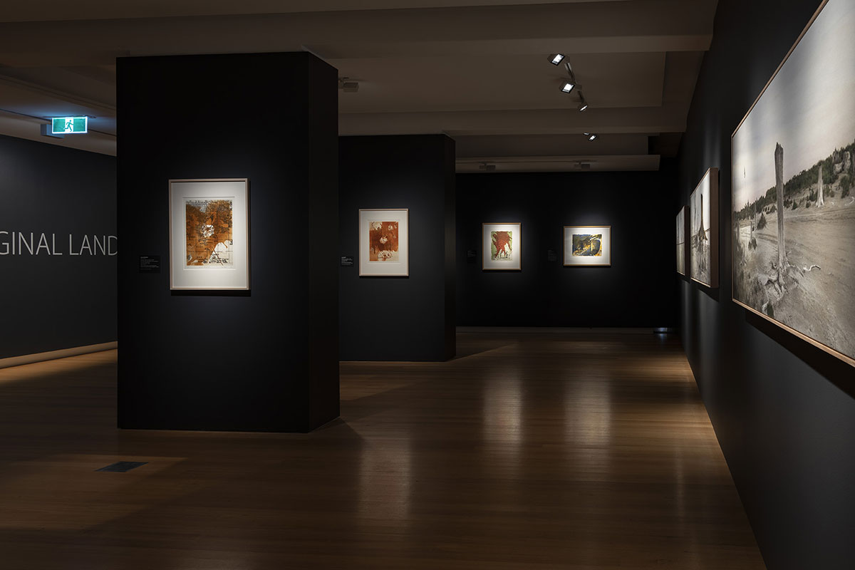 Click to open image  - Installation view of \'Rite of Passage\', pictured work by Judy Watson and Nici Cumpston, QUT Art Museum, 2019. Photo by Carl Warner.