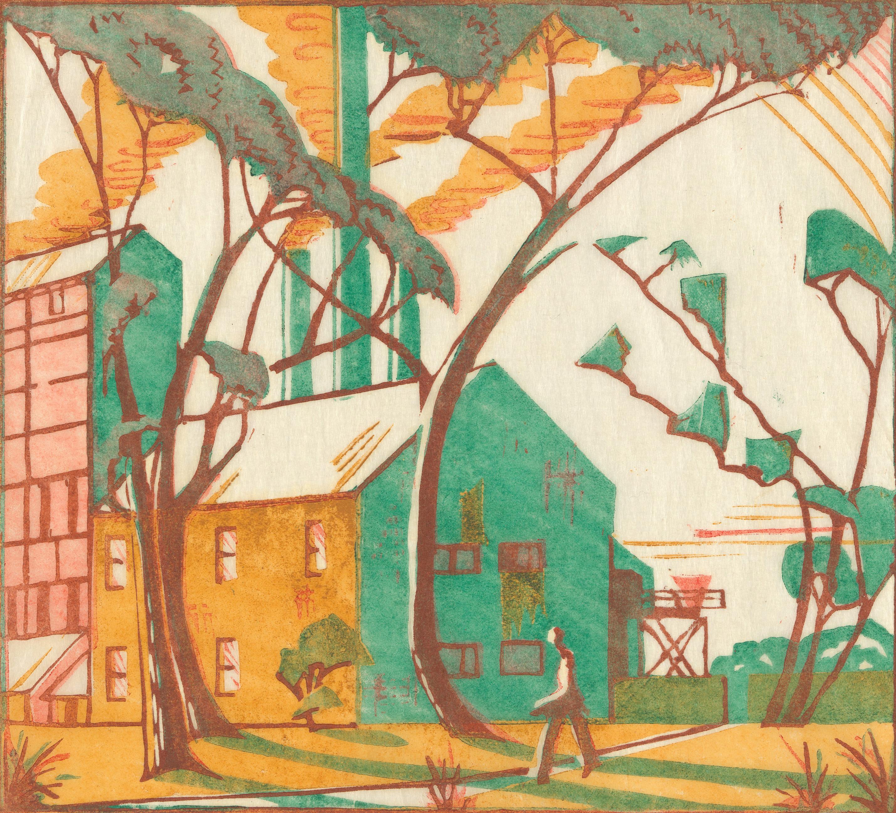 Eveline Syme, The factory, 1933, colour linocut, National Gallery of Australia, Kamberri/Canberra, purchased 1979, © Estate of Eveline Syme
