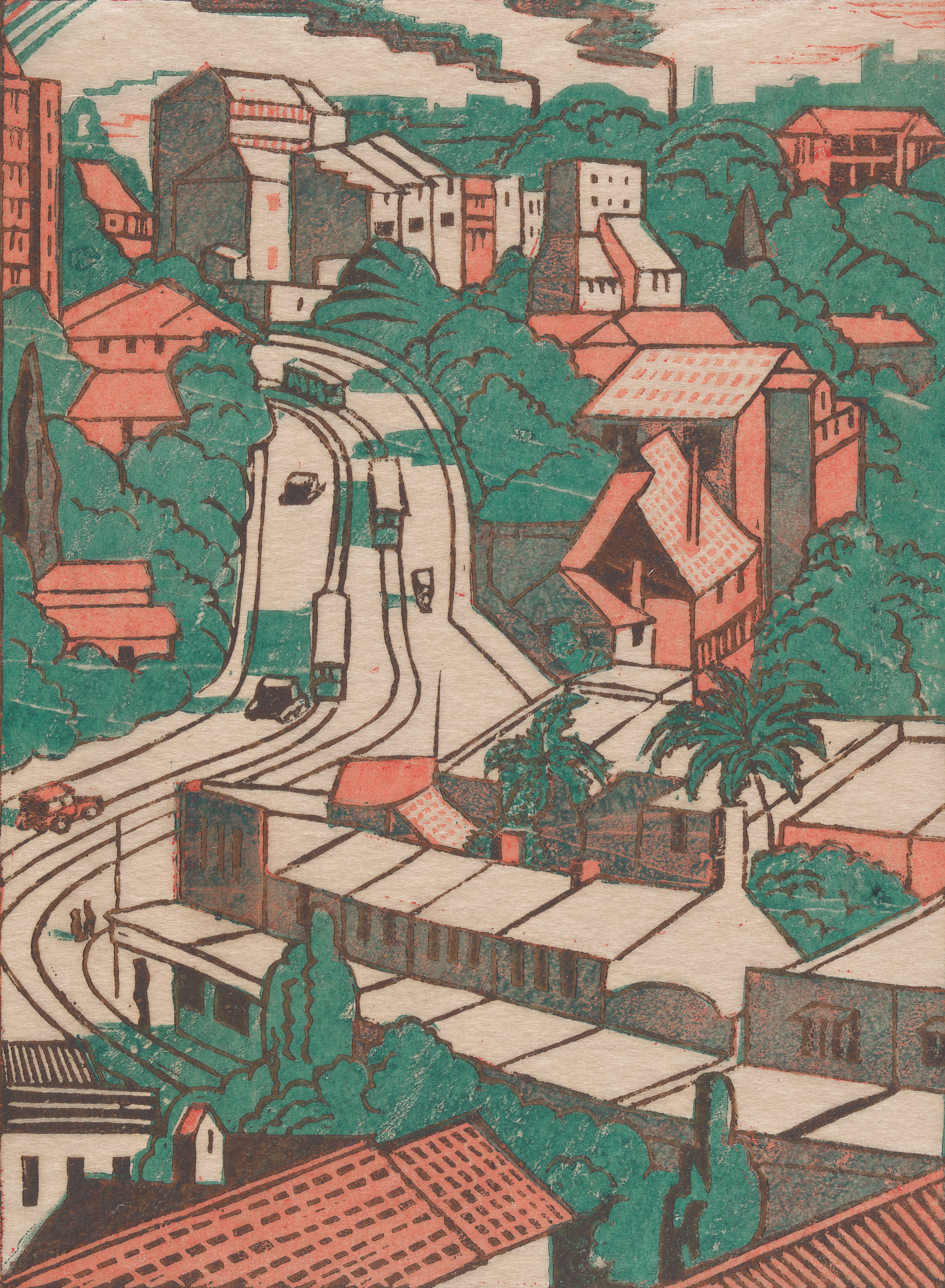 Eveline Syme, Sydney tram line, 1936, linocut, printed in colour inks, from four blocks, National Gallery of Australia, Kamberri/Canberra, purchased 1979, © Estate of Eveline Syme