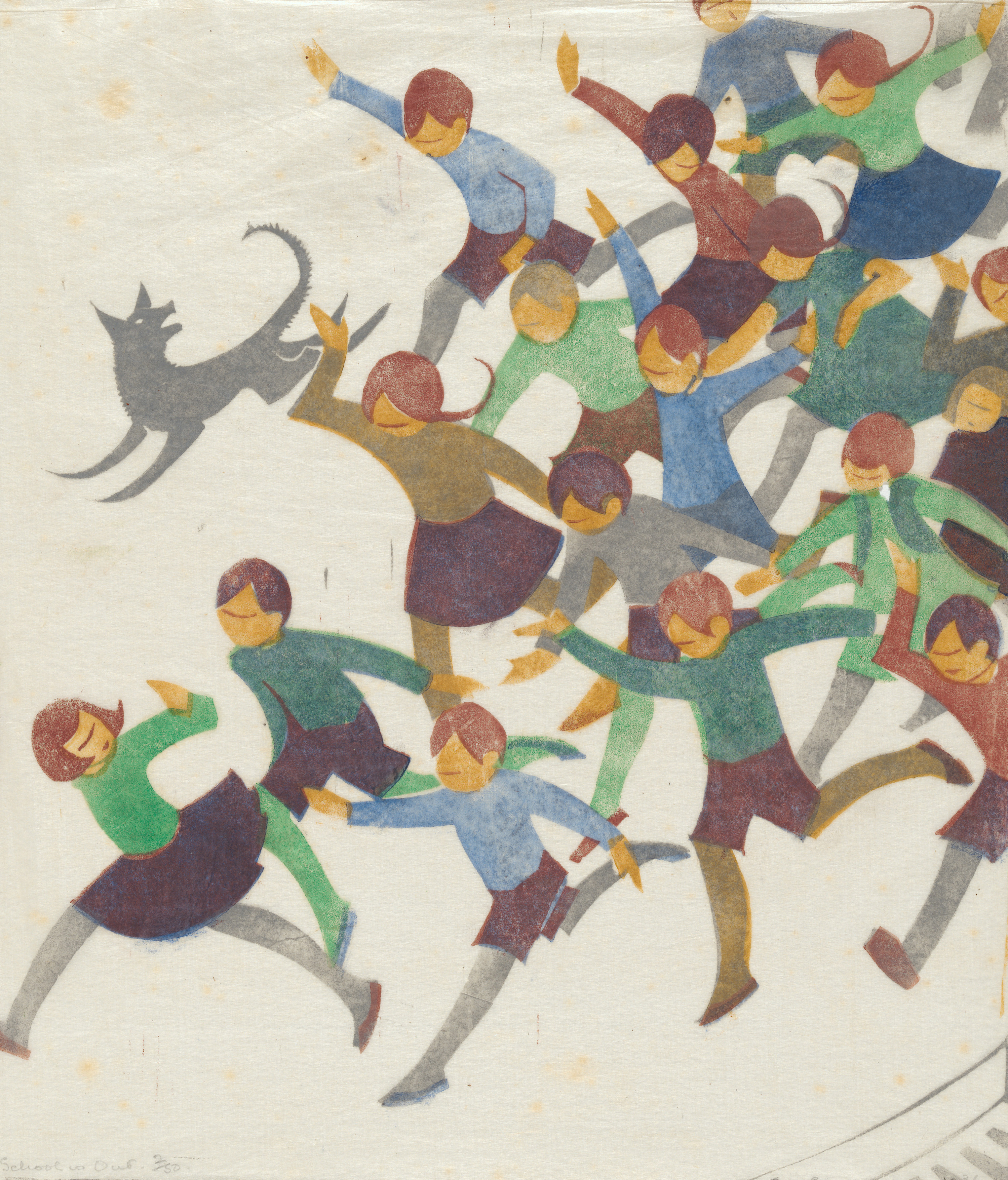 Ethel Spowers, School is out, 1936, linocut, printed in colour inks, from five blocks, National Gallery of Australia, Kamberri/Canberra, purchased 1976