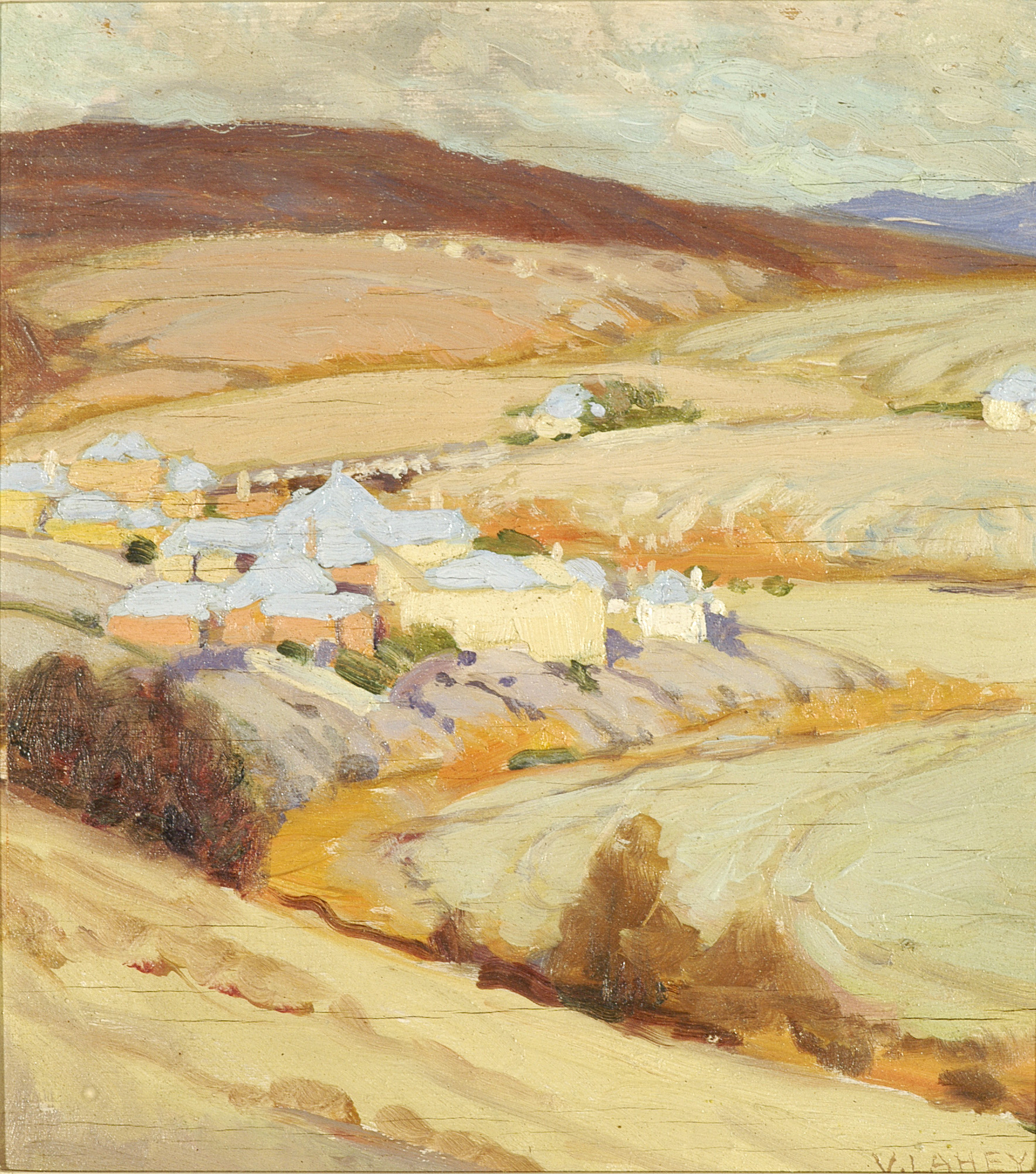 An oil painting of buildings nestled in a dry, hilly landscape